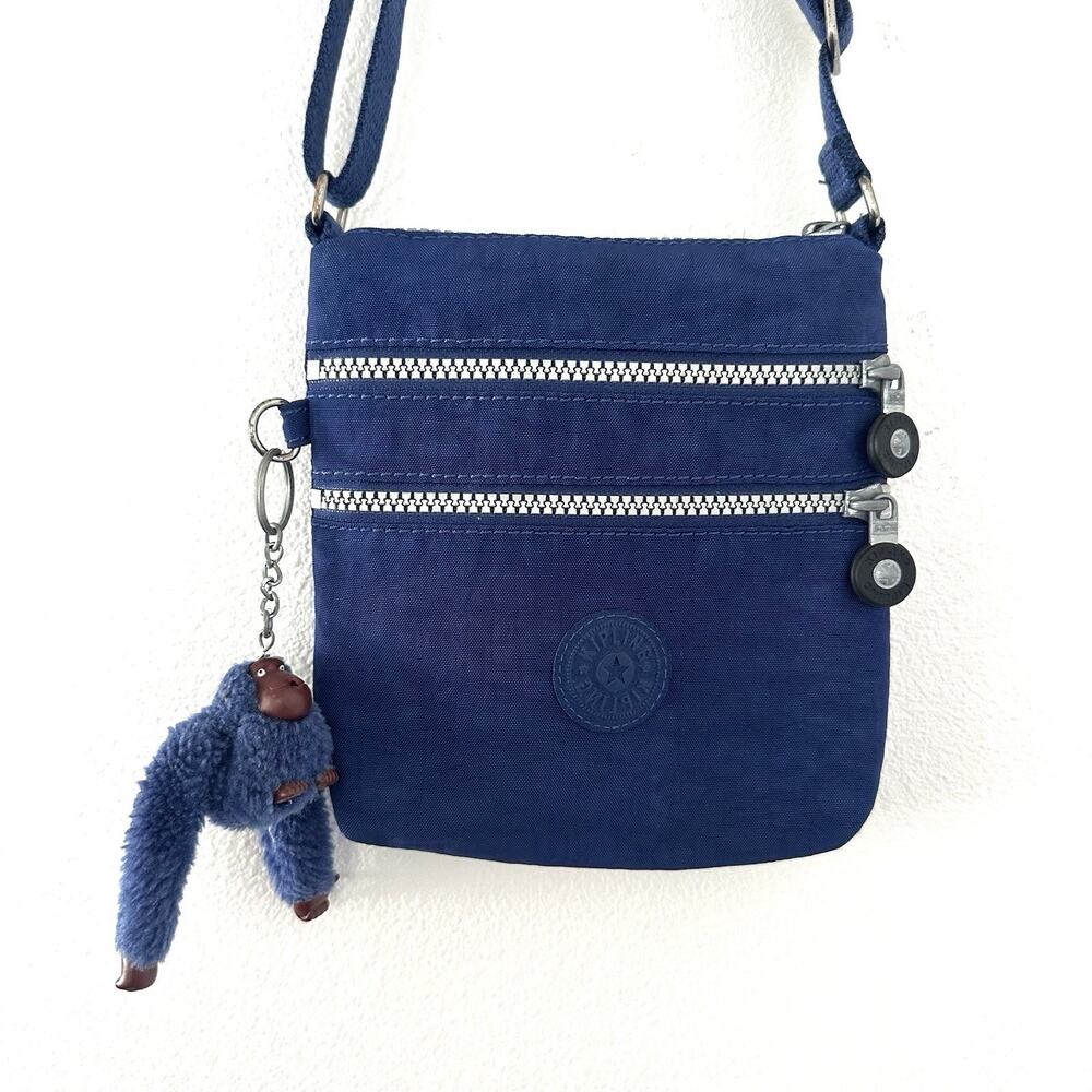 Vintage Y2K Kipling Alvar XS Blue Crossbody Bag Triple Zip Purse Monkey Chain